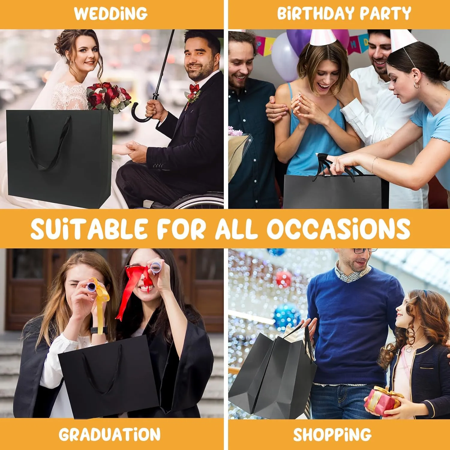 6 Pack Medium 10.5"x4"x8.1" Black Gift Bags with Tissue Papers, Kraft Shopping Bags with Ribbon Handles, Retail Wrapping Set for All Occasions