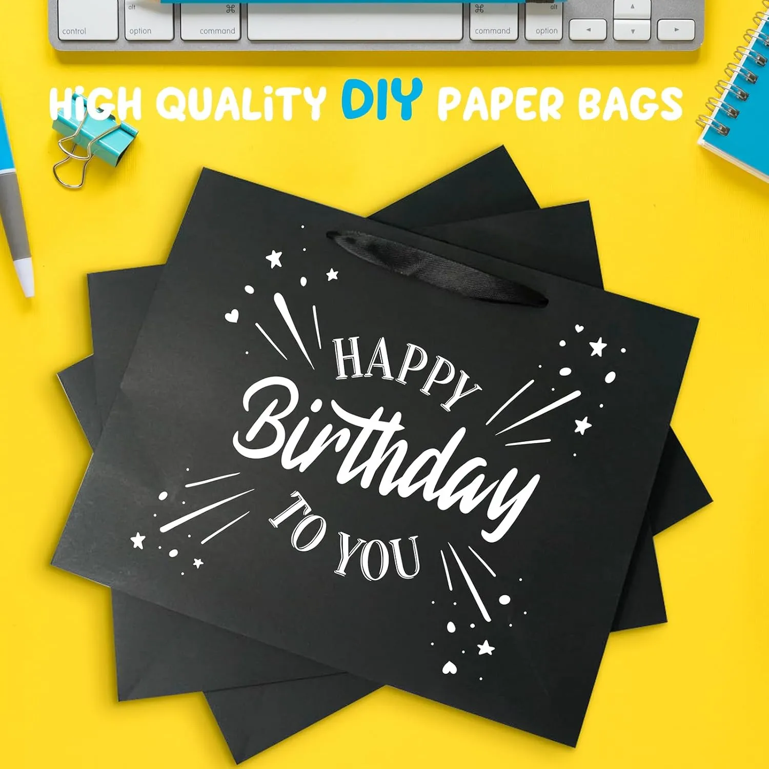 6 Pack Medium 10.5"x4"x8.1" Black Gift Bags with Tissue Papers, Kraft Shopping Bags with Ribbon Handles, Retail Wrapping Set for All Occasions