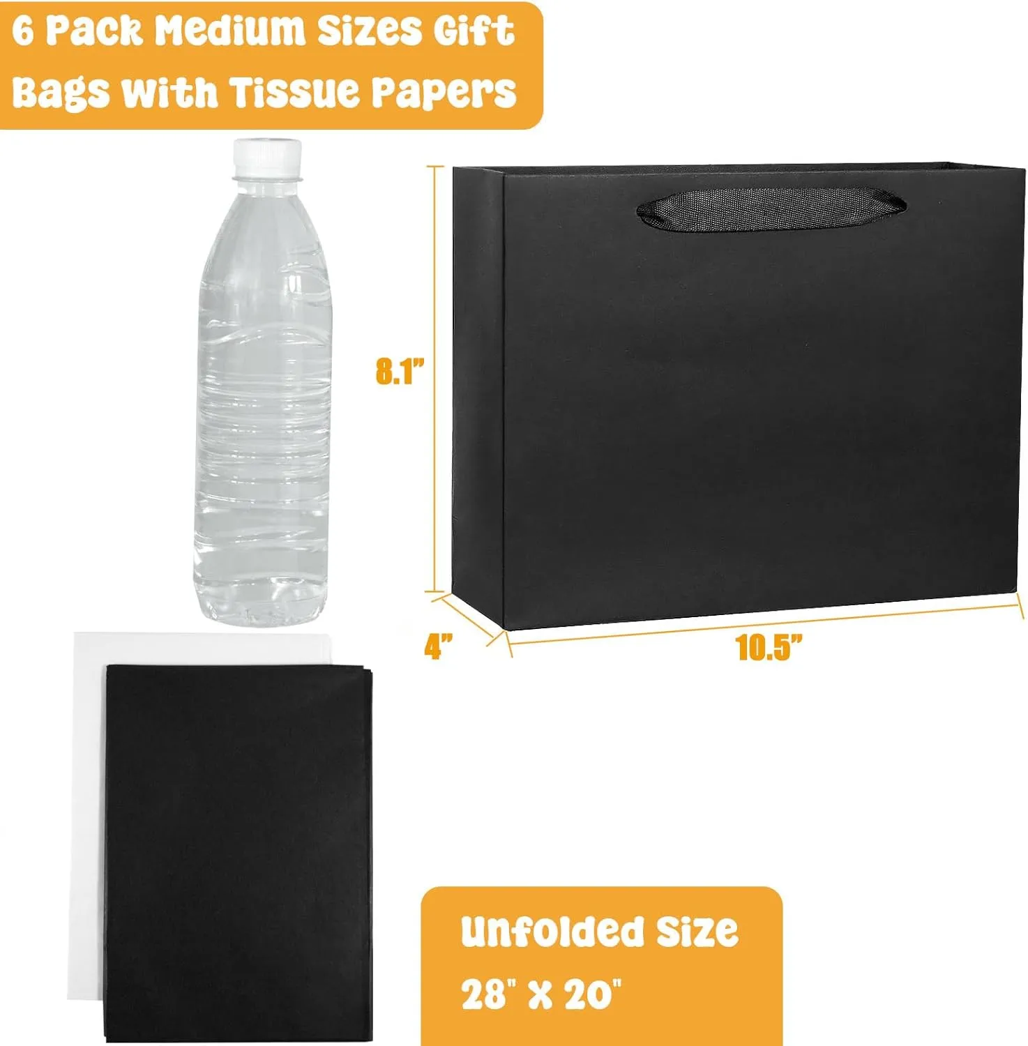 6 Pack Medium 10.5"x4"x8.1" Black Gift Bags with Tissue Papers, Kraft Shopping Bags with Ribbon Handles, Retail Wrapping Set for All Occasions
