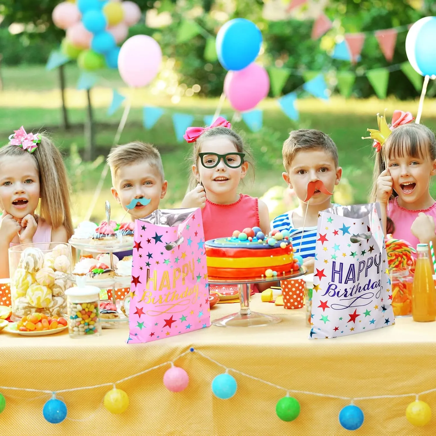 6.7 * 9.8inch Happy Birthday Party Favor Bags 40 PCS, Plastic Goodies Loot Gift Bags Bulk for Kids Baby Girls & Boys Birthday Party Supples (B Style 40 Packs)