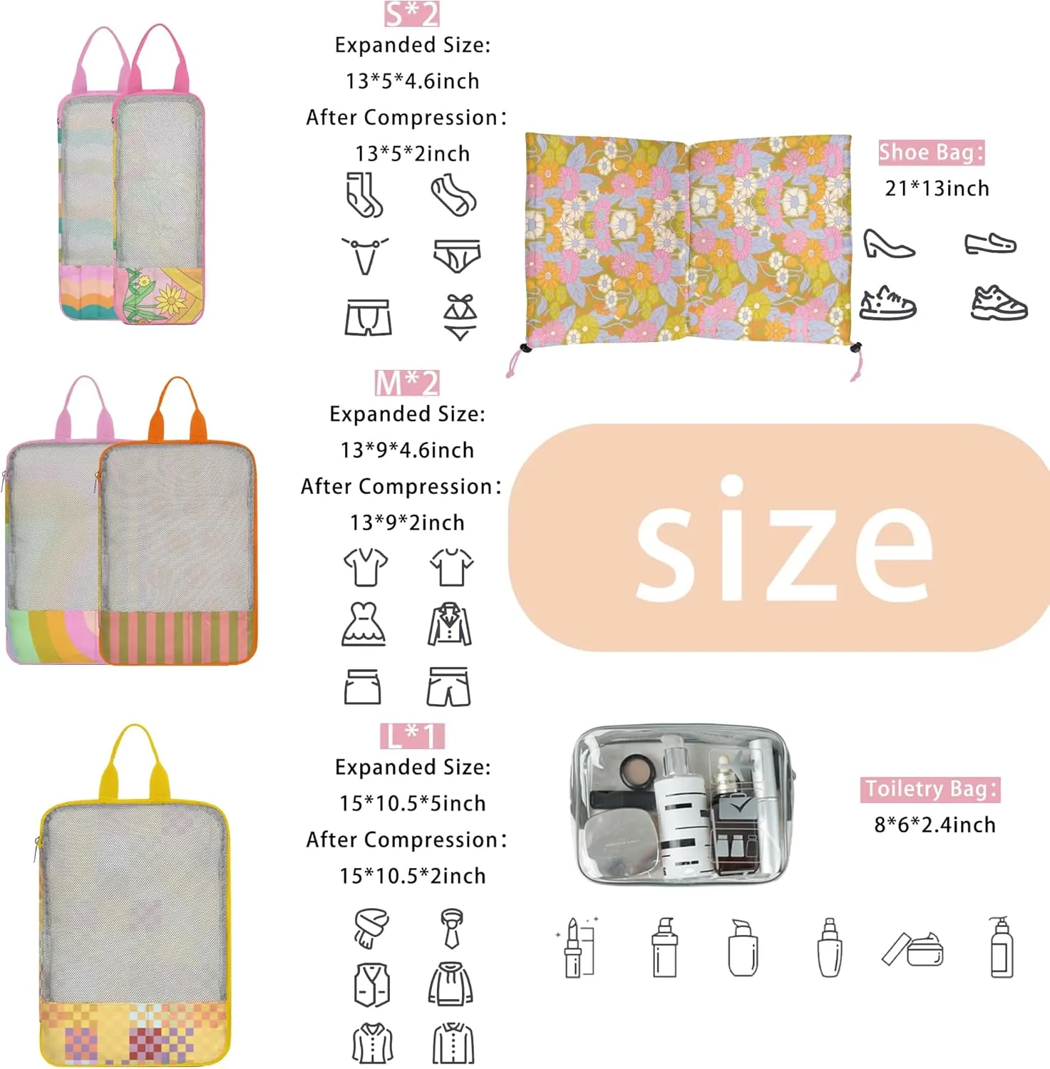 7 Pcs Compression Packing Cubes for Travel Luggage, Lightweight Suitcase Organizer Bags Set, Compression Packaging Cube for Travel Essentials, Packing Cubes for Carry on Suitcase