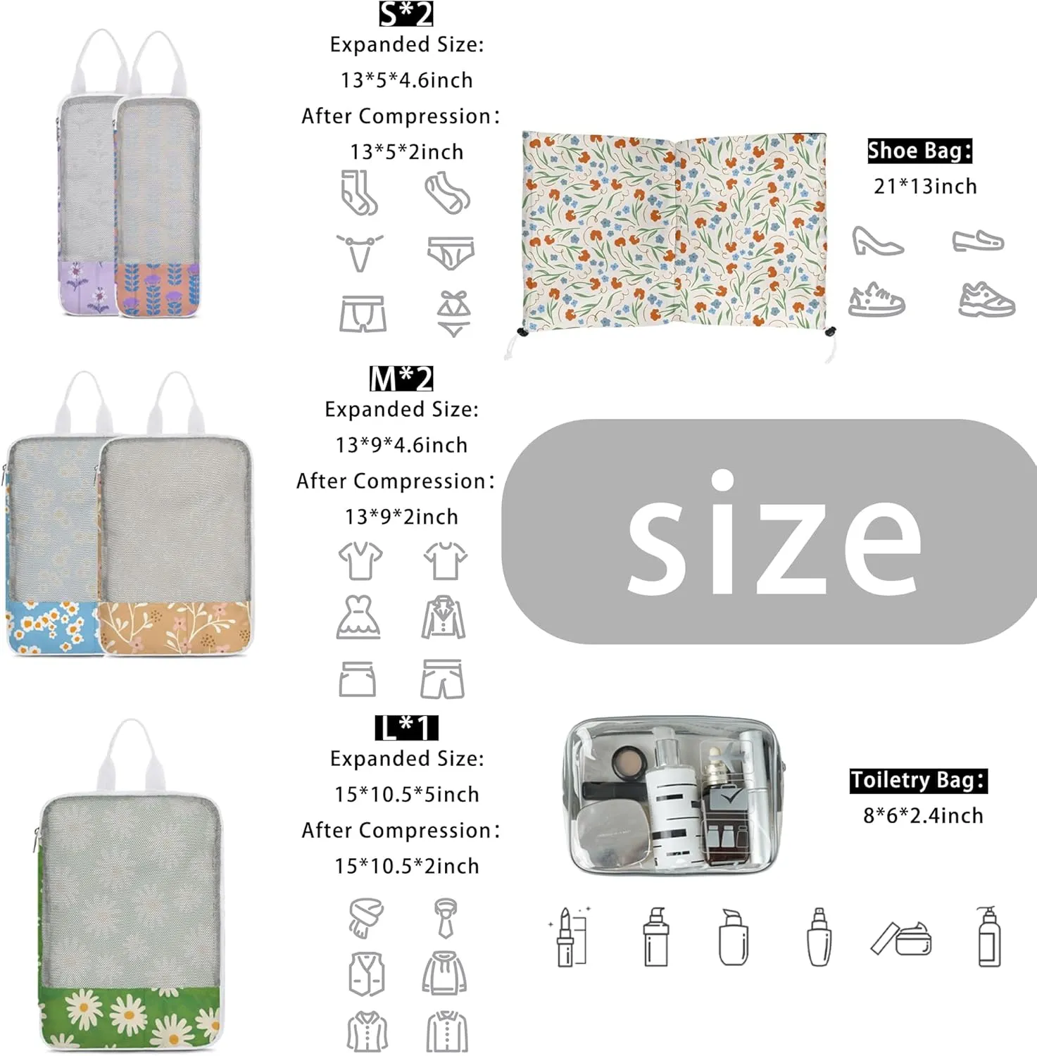 7 Pcs Compression Packing Cubes for Travel Luggage, Lightweight Suitcase Organizer Bags Set, Compression Packaging Cube for Travel Essentials, Packing Cubes for Carry on Suitcase