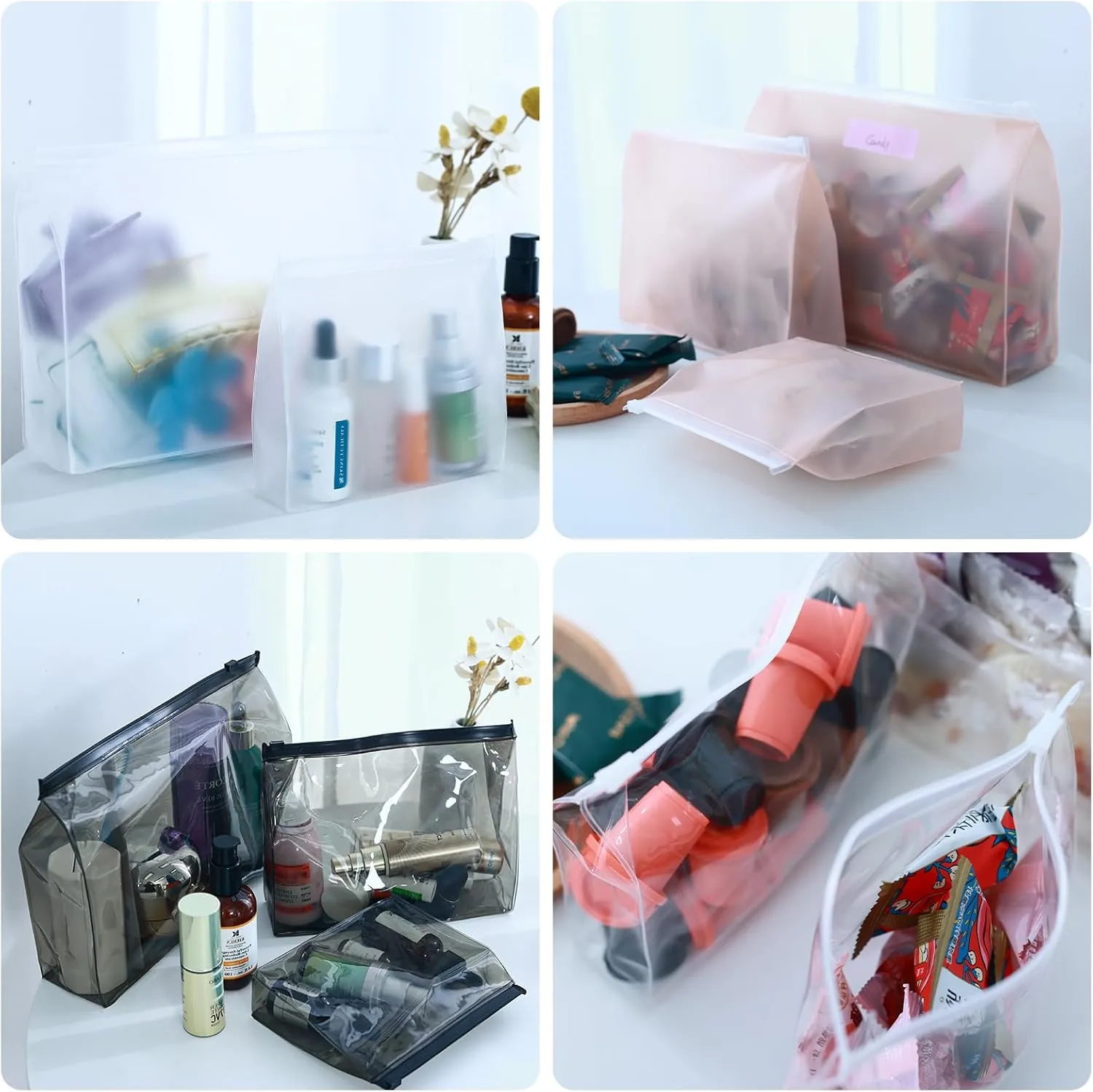 80 Pack Mini Pink Clear Makeup Bag Organizer Pouches Cosmetic Zipper Pouch Small Travel Pouches for Toiletries Transparent EVA Reusable Wash Bags Bulk Waterproof Plastic Gift Bags, Pink Frosted, 5.9