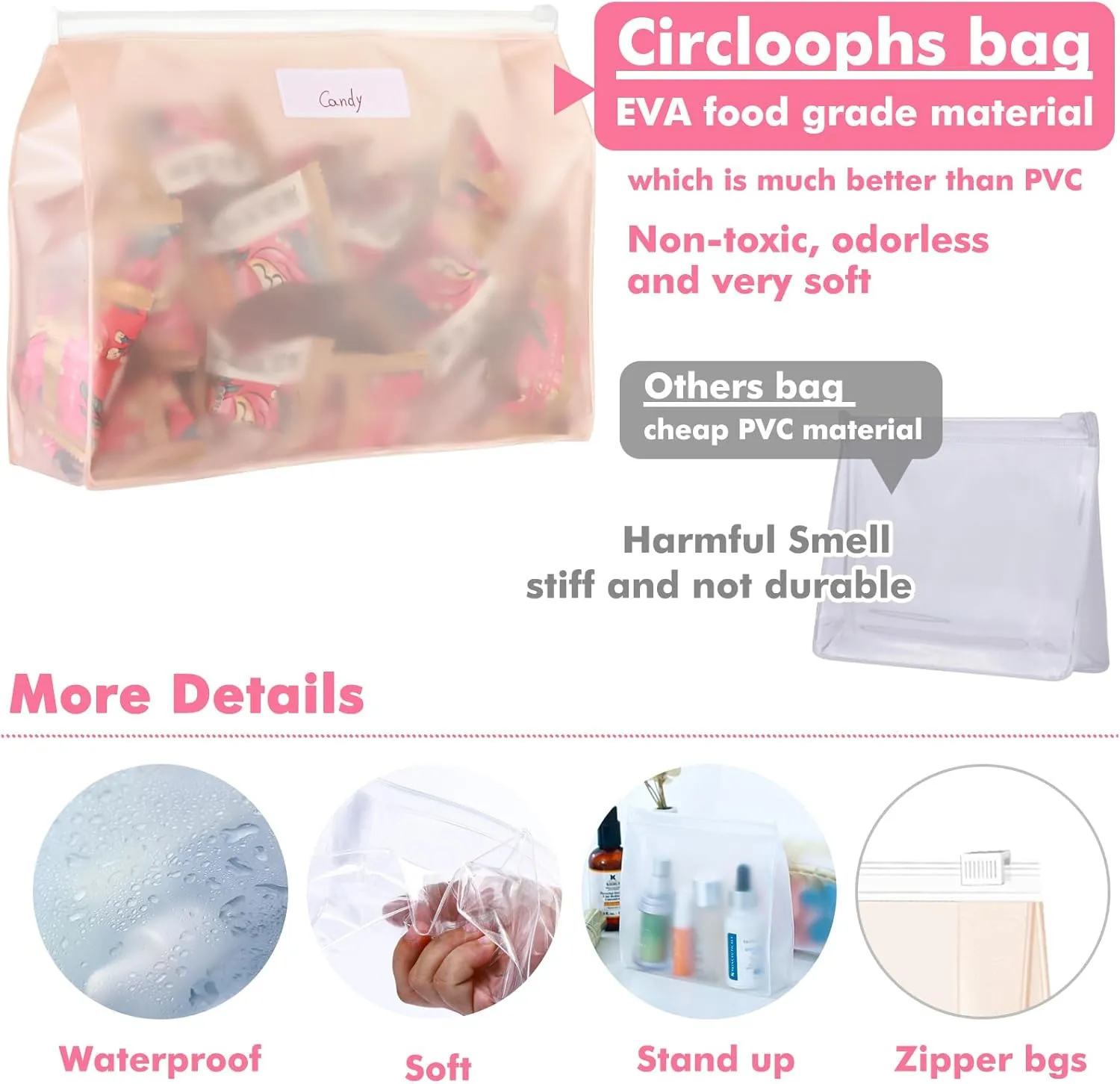 80 Pack Mini Pink Clear Makeup Bag Organizer Pouches Cosmetic Zipper Pouch Small Travel Pouches for Toiletries Transparent EVA Reusable Wash Bags Bulk Waterproof Plastic Gift Bags, Pink Frosted, 5.9