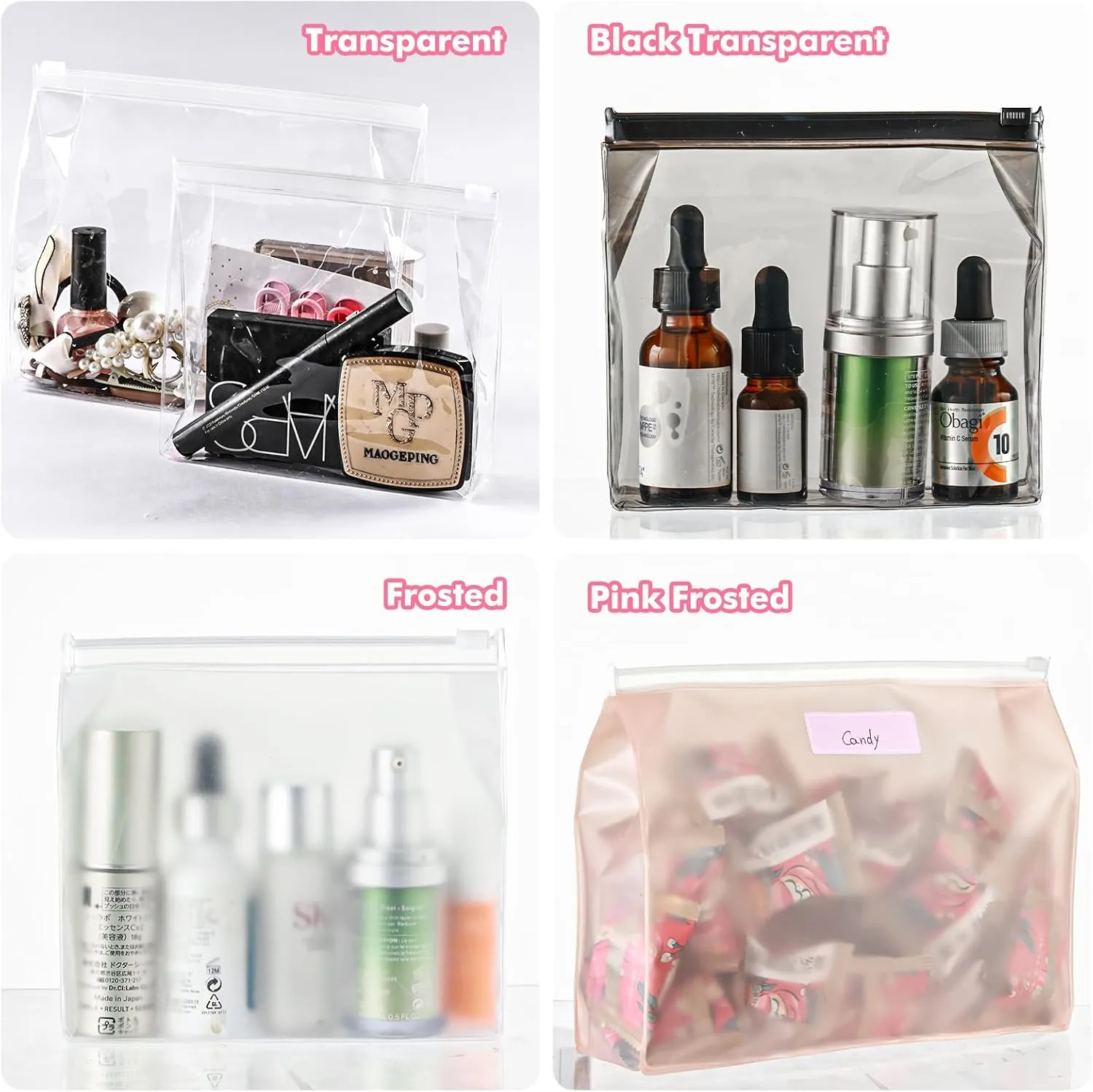 80 Pack Mini Pink Clear Makeup Bag Organizer Pouches Cosmetic Zipper Pouch Small Travel Pouches for Toiletries Transparent EVA Reusable Wash Bags Bulk Waterproof Plastic Gift Bags, Pink Frosted, 5.9