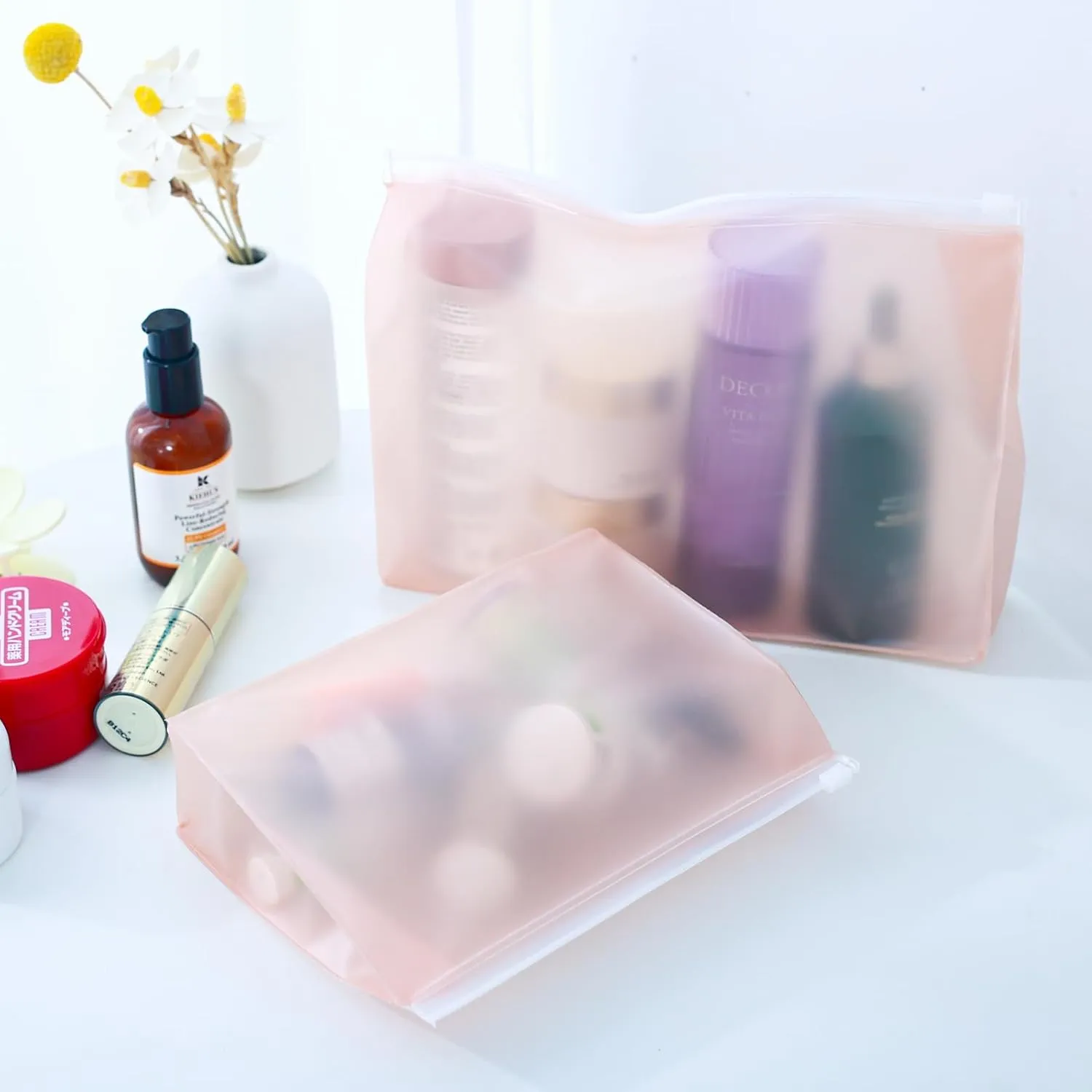 80 Pack Mini Pink Clear Makeup Bag Organizer Pouches Cosmetic Zipper Pouch Small Travel Pouches for Toiletries Transparent EVA Reusable Wash Bags Bulk Waterproof Plastic Gift Bags, Pink Frosted, 5.9