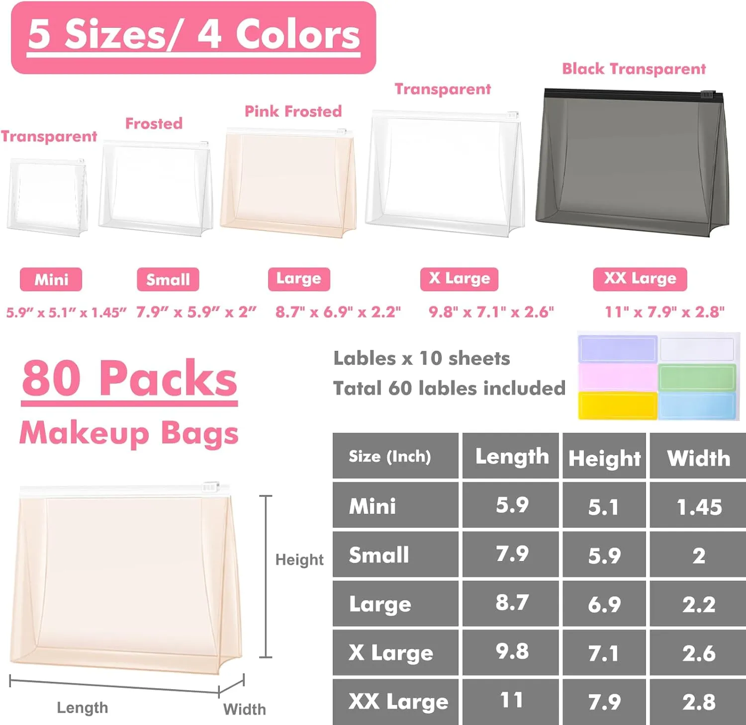 80 Pack Mini Pink Clear Makeup Bag Organizer Pouches Cosmetic Zipper Pouch Small Travel Pouches for Toiletries Transparent EVA Reusable Wash Bags Bulk Waterproof Plastic Gift Bags, Pink Frosted, 5.9