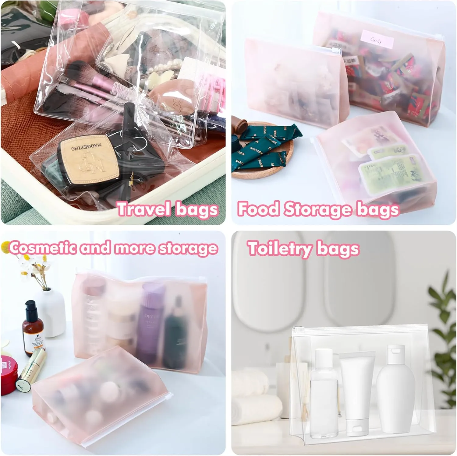 80 Pack Mini Pink Clear Makeup Bag Organizer Pouches Cosmetic Zipper Pouch Small Travel Pouches for Toiletries Transparent EVA Reusable Wash Bags Bulk Waterproof Plastic Gift Bags, Pink Frosted, 5.9