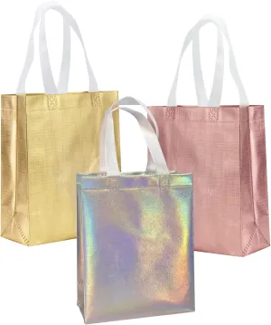 8" X 4" X 10" Reusable Gift Bags With Handles for Birthday Christmas Party Favor Gift Bag Pack of 12 (3 Colors Mix)