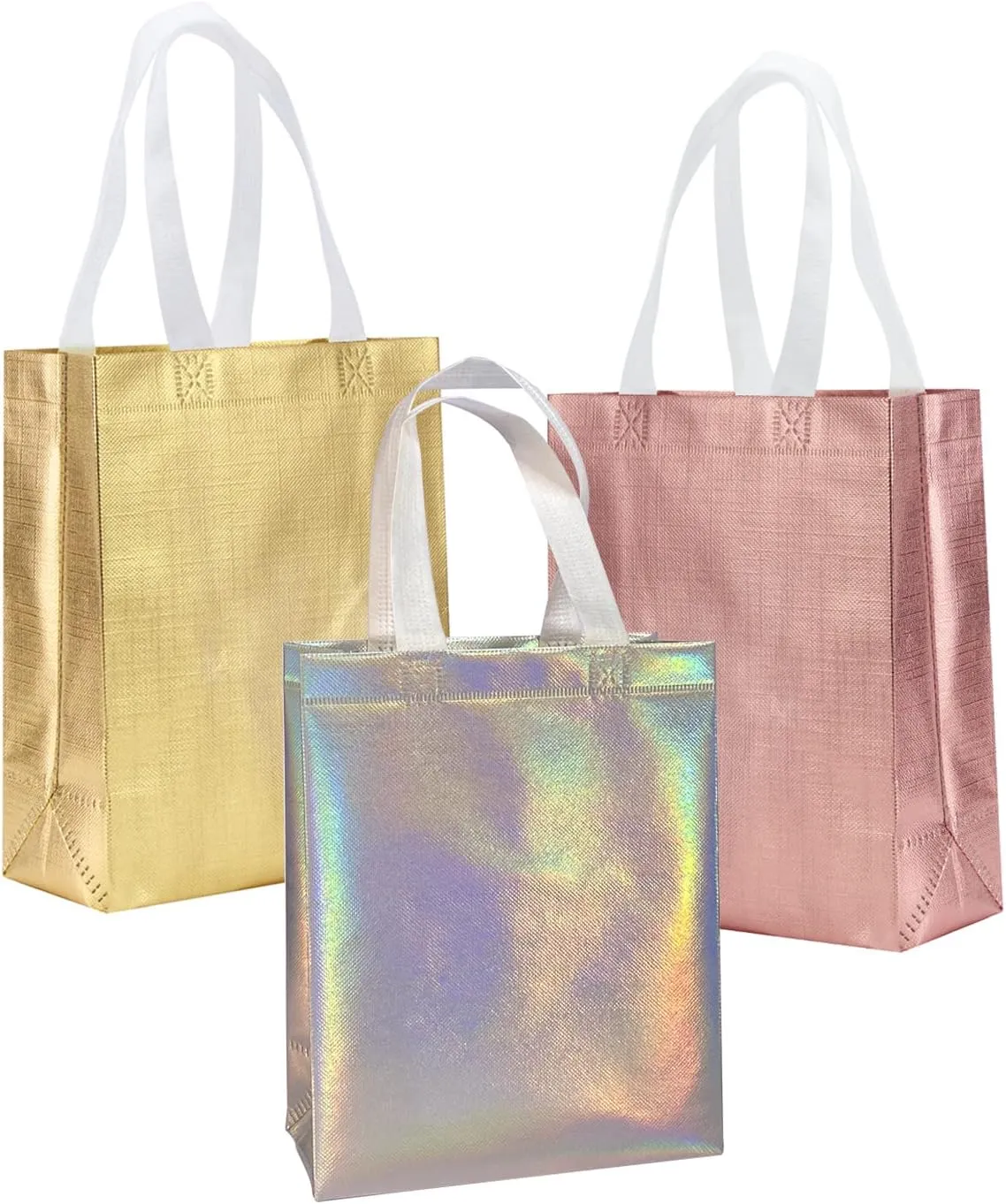 8" X 4" X 10" Reusable Gift Bags With Handles for Birthday Christmas Party Favor Gift Bag Pack of 12 (3 Colors Mix)