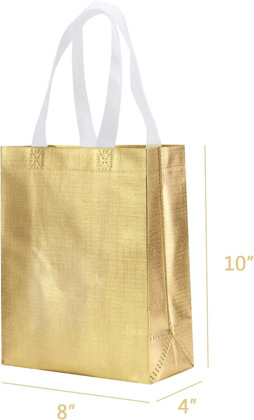 8" X 4" X 10" Reusable Gift Bags With Handles for Birthday Christmas Party Favor Gift Bag Pack of 12 (3 Colors Mix)