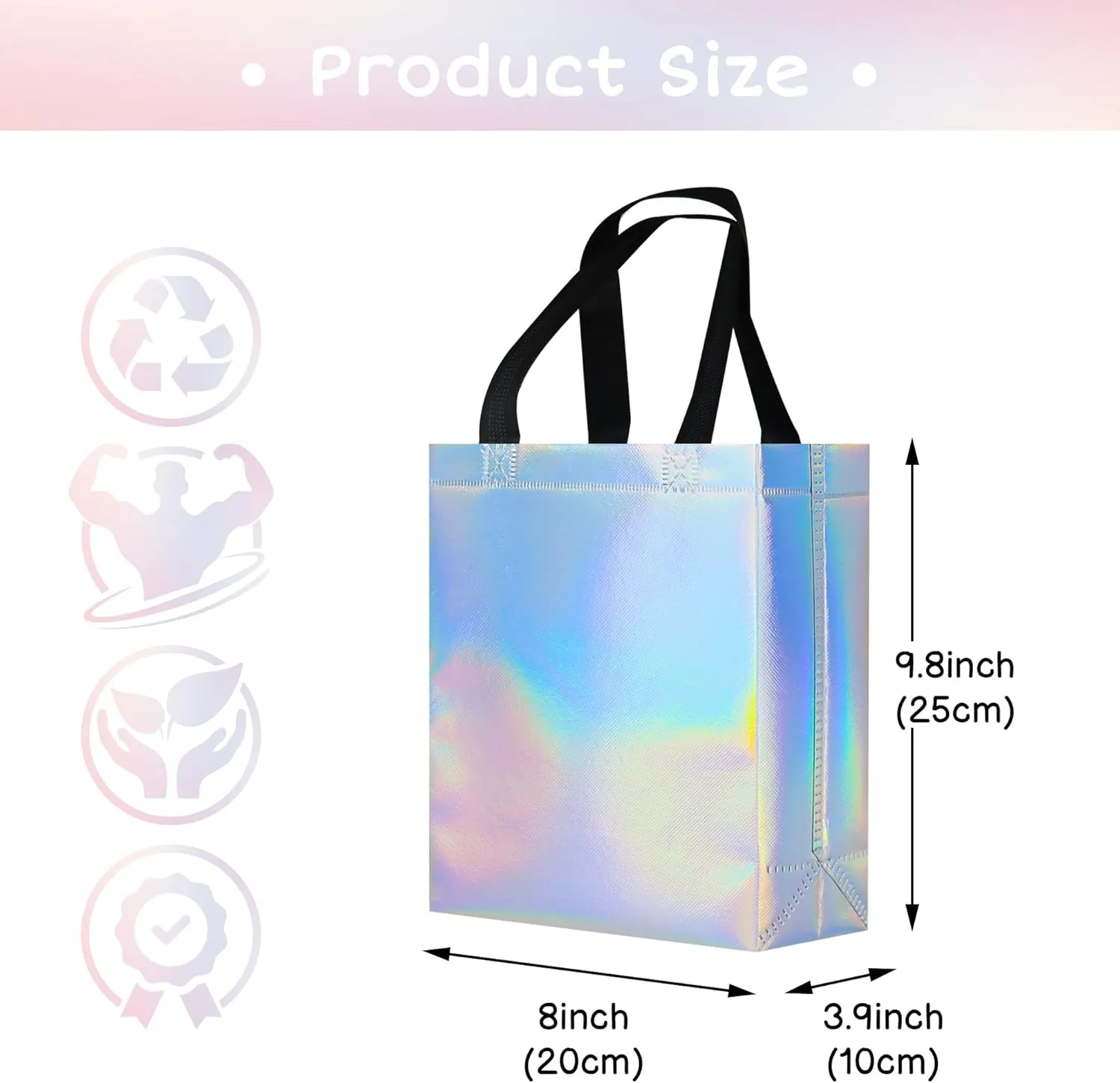 9 Pcs Glossy Small Iridescent Gift Bags in Bulk, 8x3.9x9.8 In Non-woven Reusable Party Bags with Sturdy Bases for Birthday, Weddings, Easter, Holiday, Party