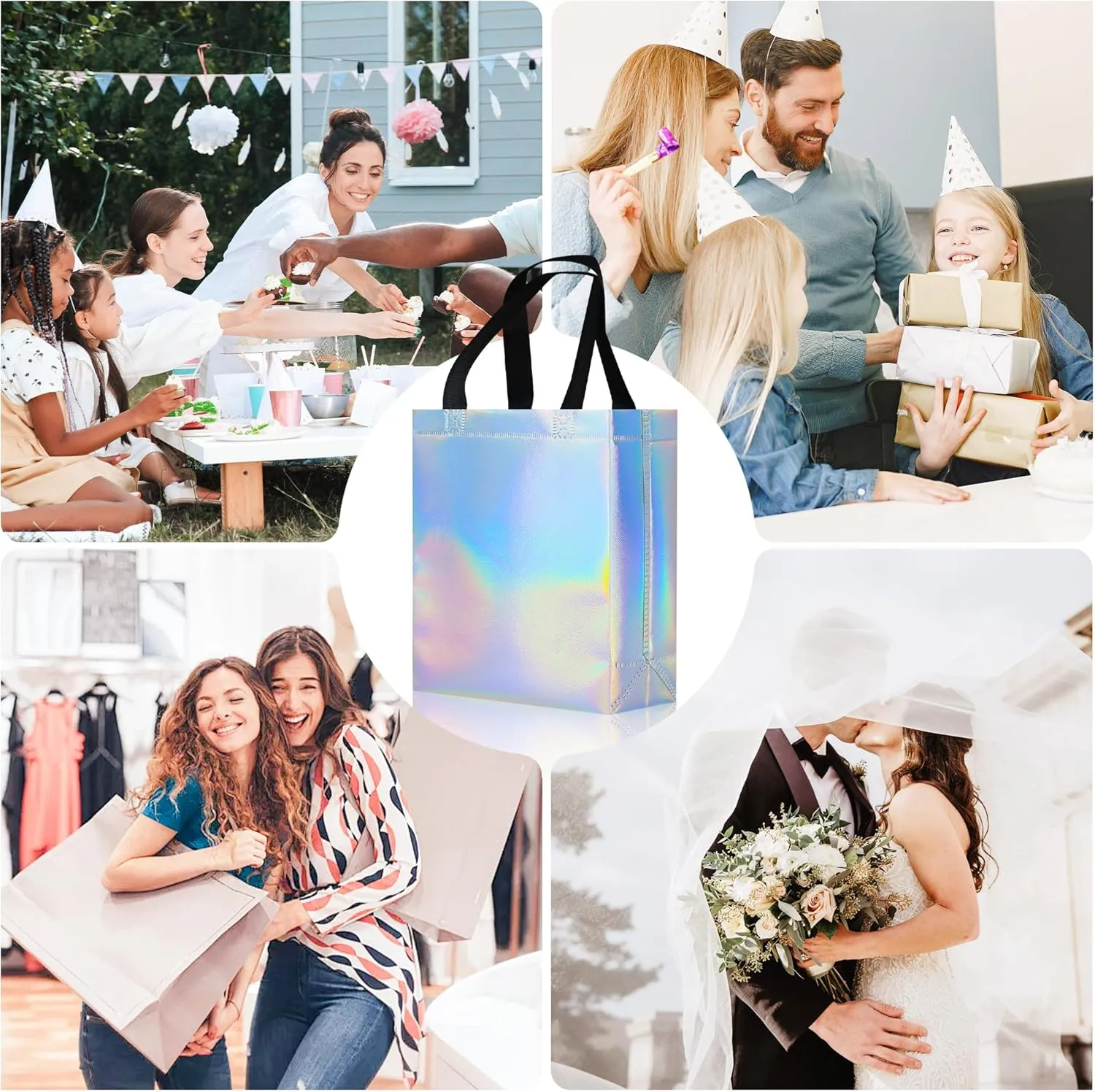 9 Pcs Glossy Small Iridescent Gift Bags in Bulk, 8x3.9x9.8 In Non-woven Reusable Party Bags with Sturdy Bases for Birthday, Weddings, Easter, Holiday, Party