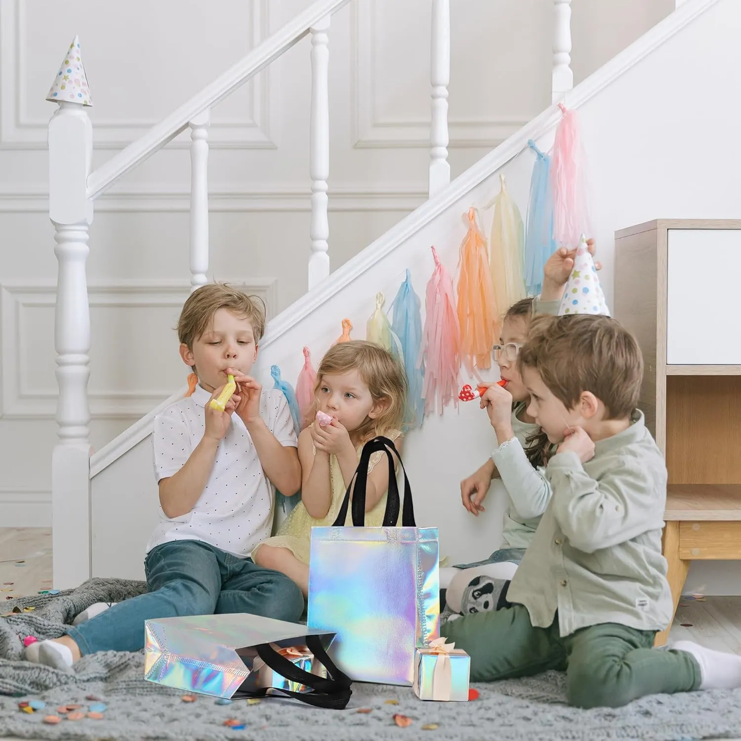 9 Pcs Glossy Small Iridescent Gift Bags in Bulk, 8x3.9x9.8 In Non-woven Reusable Party Bags with Sturdy Bases for Birthday, Weddings, Easter, Holiday, Party