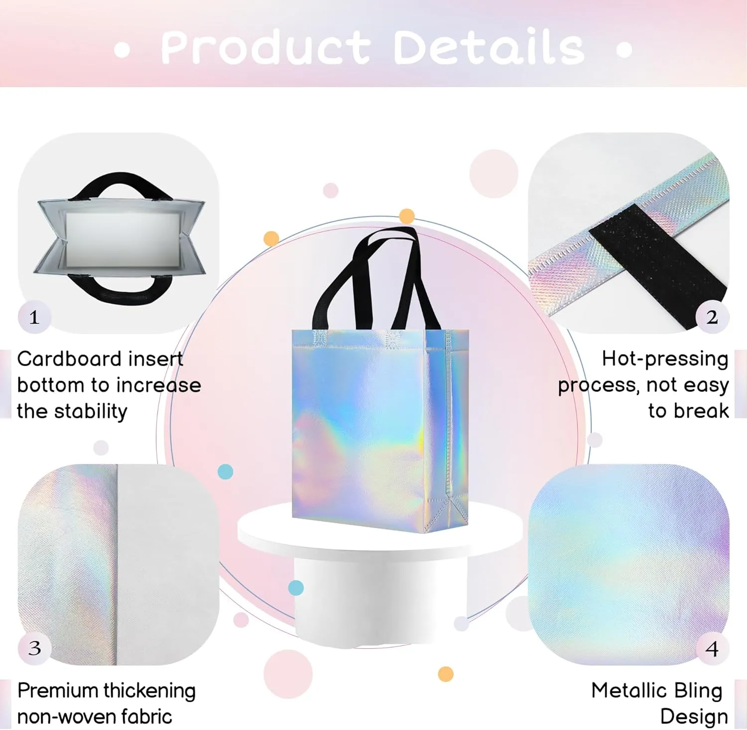 9 Pcs Glossy Small Iridescent Gift Bags in Bulk, 8x3.9x9.8 In Non-woven Reusable Party Bags with Sturdy Bases for Birthday, Weddings, Easter, Holiday, Party