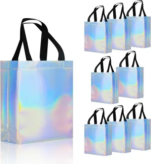 9 Pcs Glossy Small Iridescent Gift Bags in Bulk, 8x3.9x9.8 In Non-woven Reusable Party Bags with Sturdy Bases for Birthday, Weddings, Easter, Holiday, Party