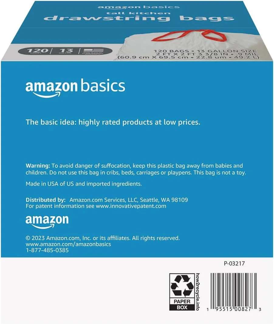 Amazon Basics Trash Bags, Tall Kitchen Drawstring, Unscented, 13 Gallon, 120 Count, Pack of 1