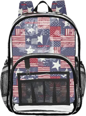 American Flag Patchwork Backpack for Boys, Clear Plastic Bags, Clear Backpacks, Backpack for Girls 8-10