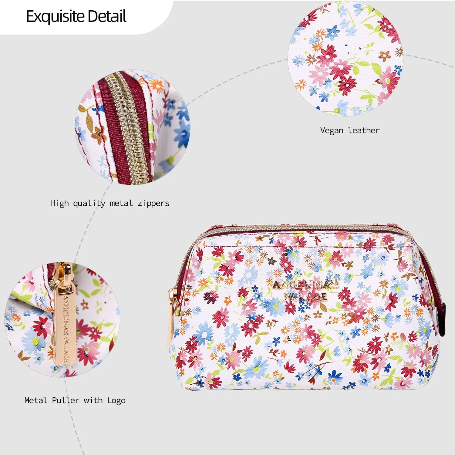 Angelina's Palace Vegan Leather Waterproof Travel Cosmetic Bag Toiletry Organizer Makeup Pouches(blossom wine)