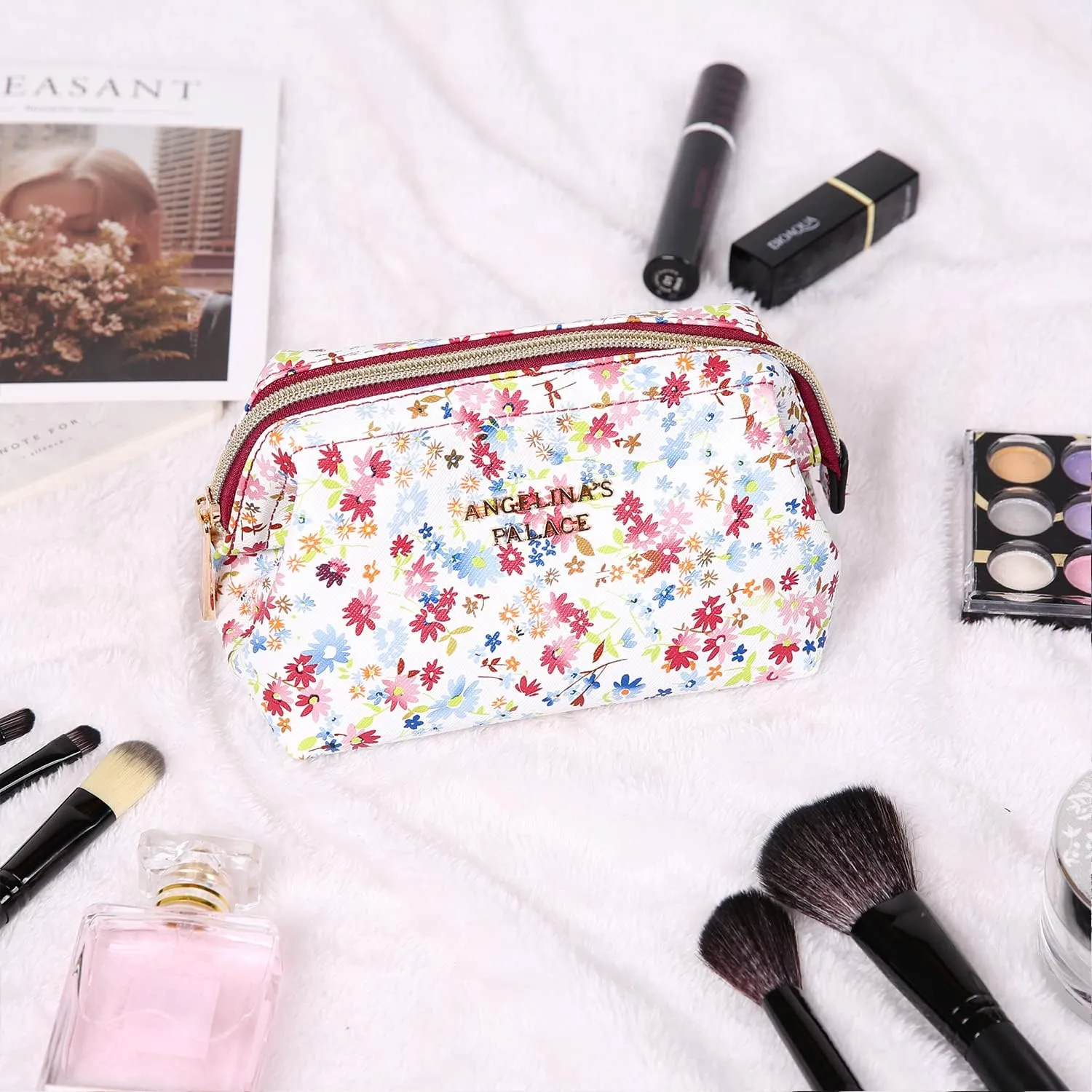 Angelina's Palace Vegan Leather Waterproof Travel Cosmetic Bag Toiletry Organizer Makeup Pouches(blossom wine)