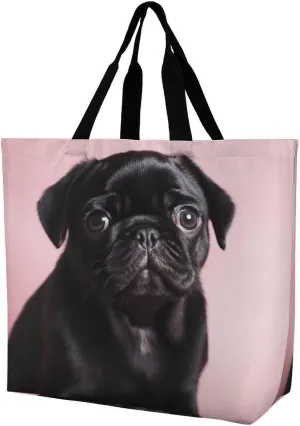 Animal Pug Dog Beach Bag Reusable Tote Bag Foldable Grocery Bags Women Shopping Bags for Daily Essentials