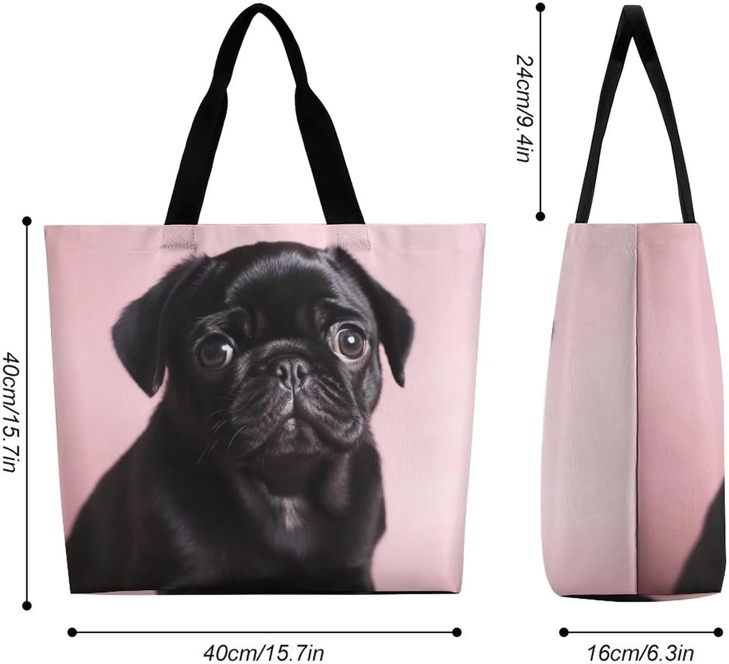 Animal Pug Dog Beach Bag Reusable Tote Bag Foldable Grocery Bags Women Shopping Bags for Daily Essentials