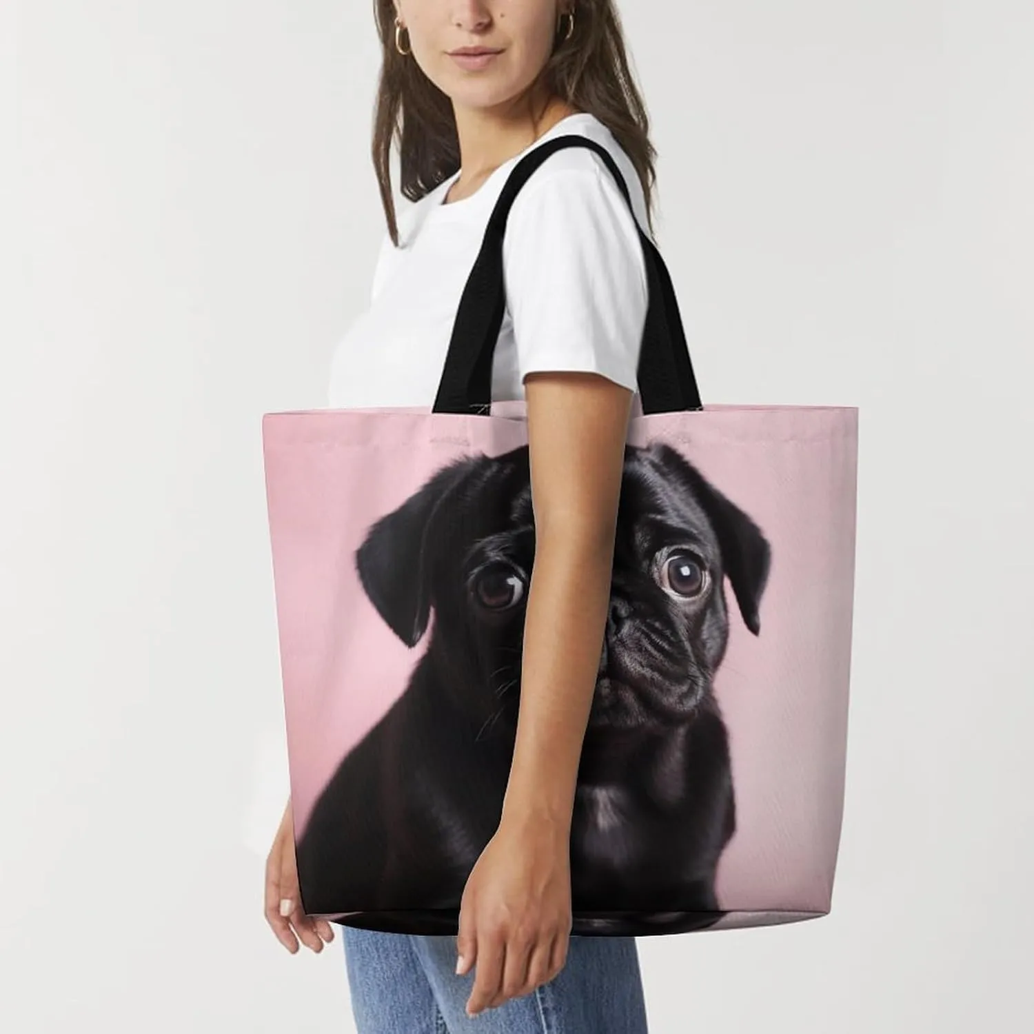Animal Pug Dog Beach Bag Reusable Tote Bag Foldable Grocery Bags Women Shopping Bags for Daily Essentials