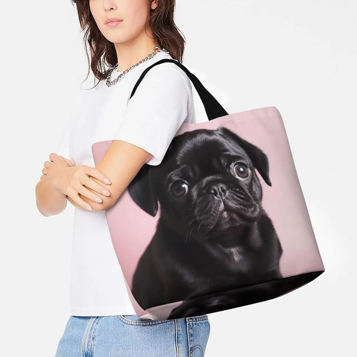 Animal Pug Dog Beach Bag Reusable Tote Bag Foldable Grocery Bags Women Shopping Bags for Daily Essentials