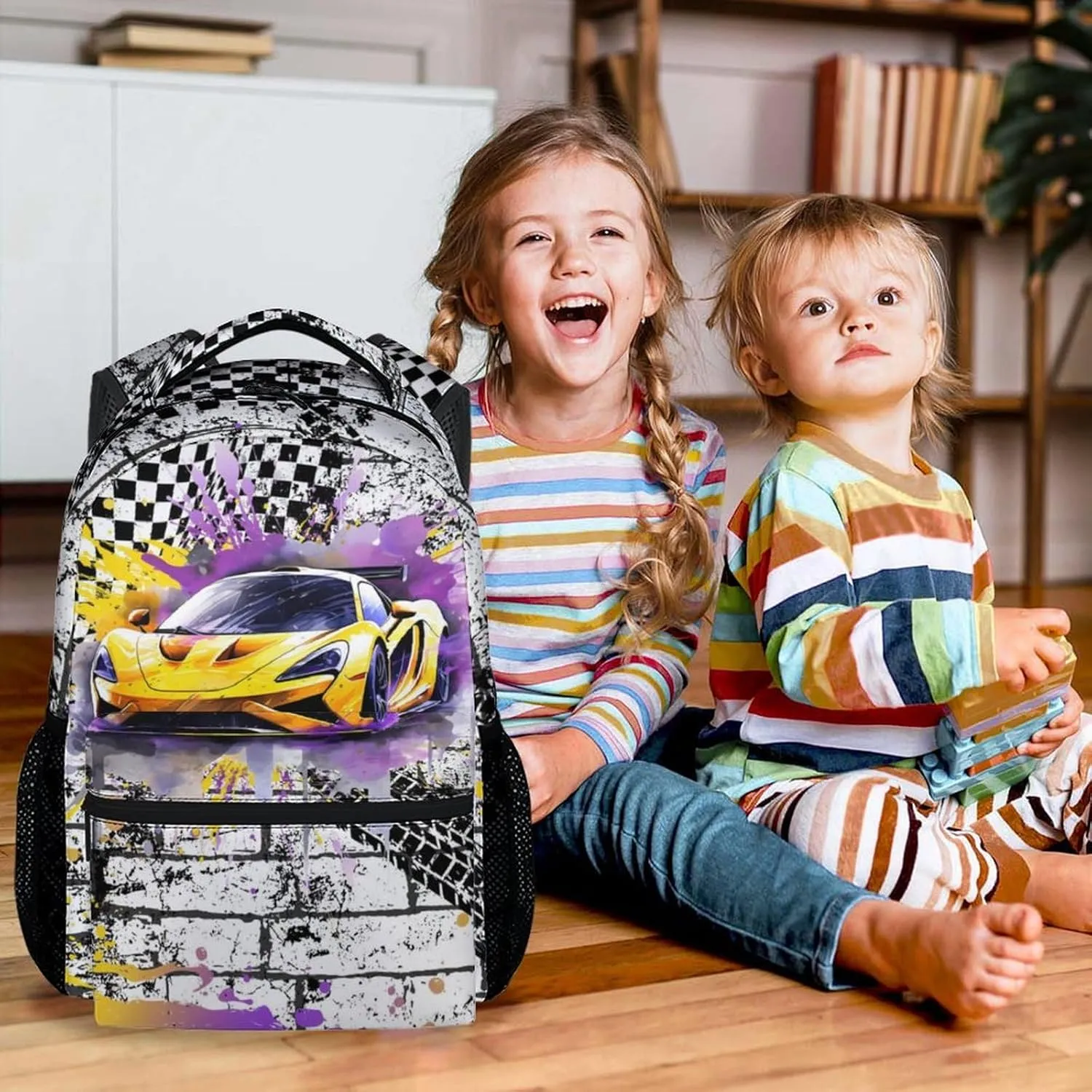 Backpack for Kids, 17 Inch Cool Car Backpacks for Boys, Yellow Lightweight Travel Bookbag for Middle School & High School
