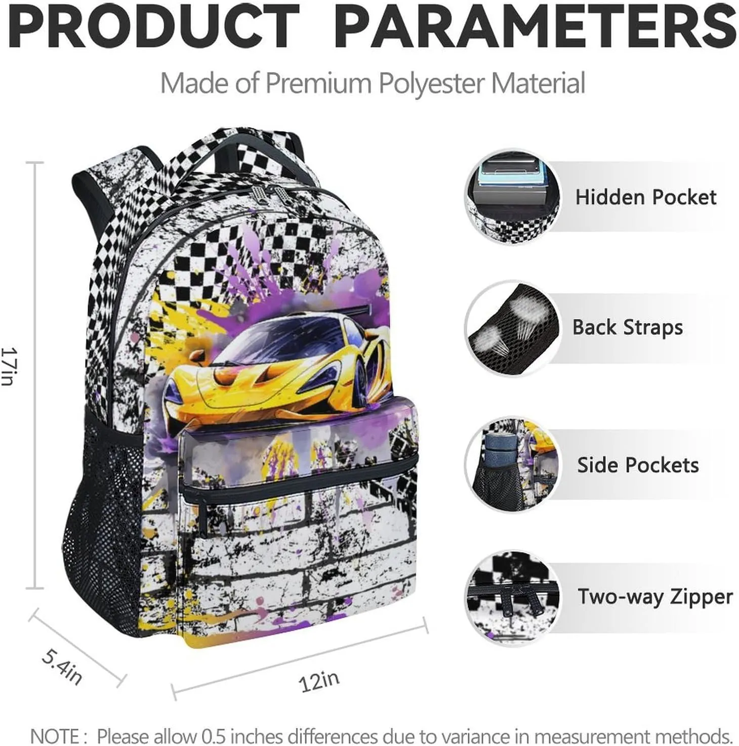 Backpack for Kids, 17 Inch Cool Car Backpacks for Boys, Yellow Lightweight Travel Bookbag for Middle School & High School