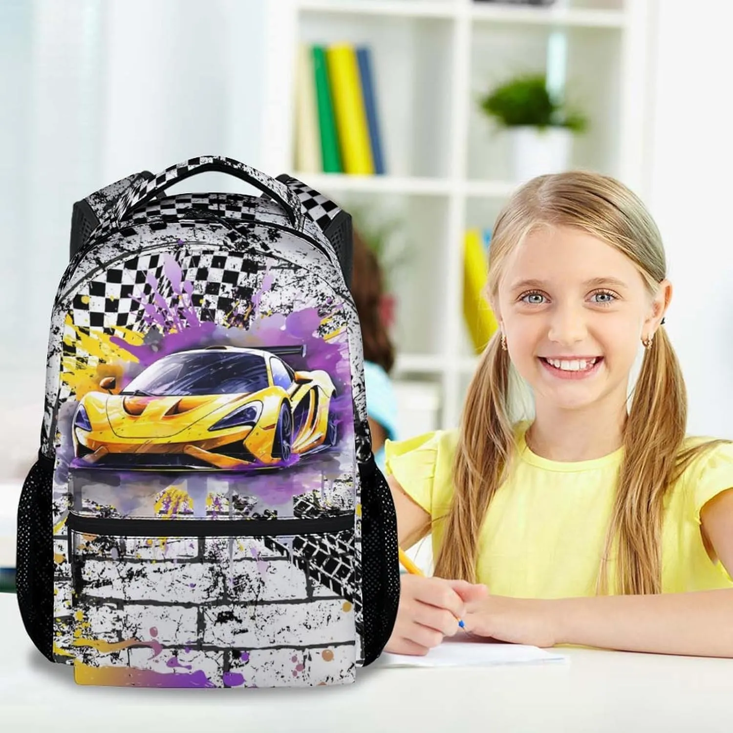 Backpack for Kids, 17 Inch Cool Car Backpacks for Boys, Yellow Lightweight Travel Bookbag for Middle School & High School