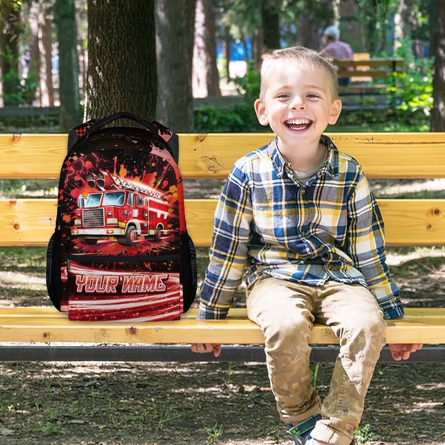 Backpacks for School - Personalized Fire Truck Backpacks for Boys - 17 Inch Kids Bookbag for Elementary Kindergarten - Lightweight School Bag for Toddlers
