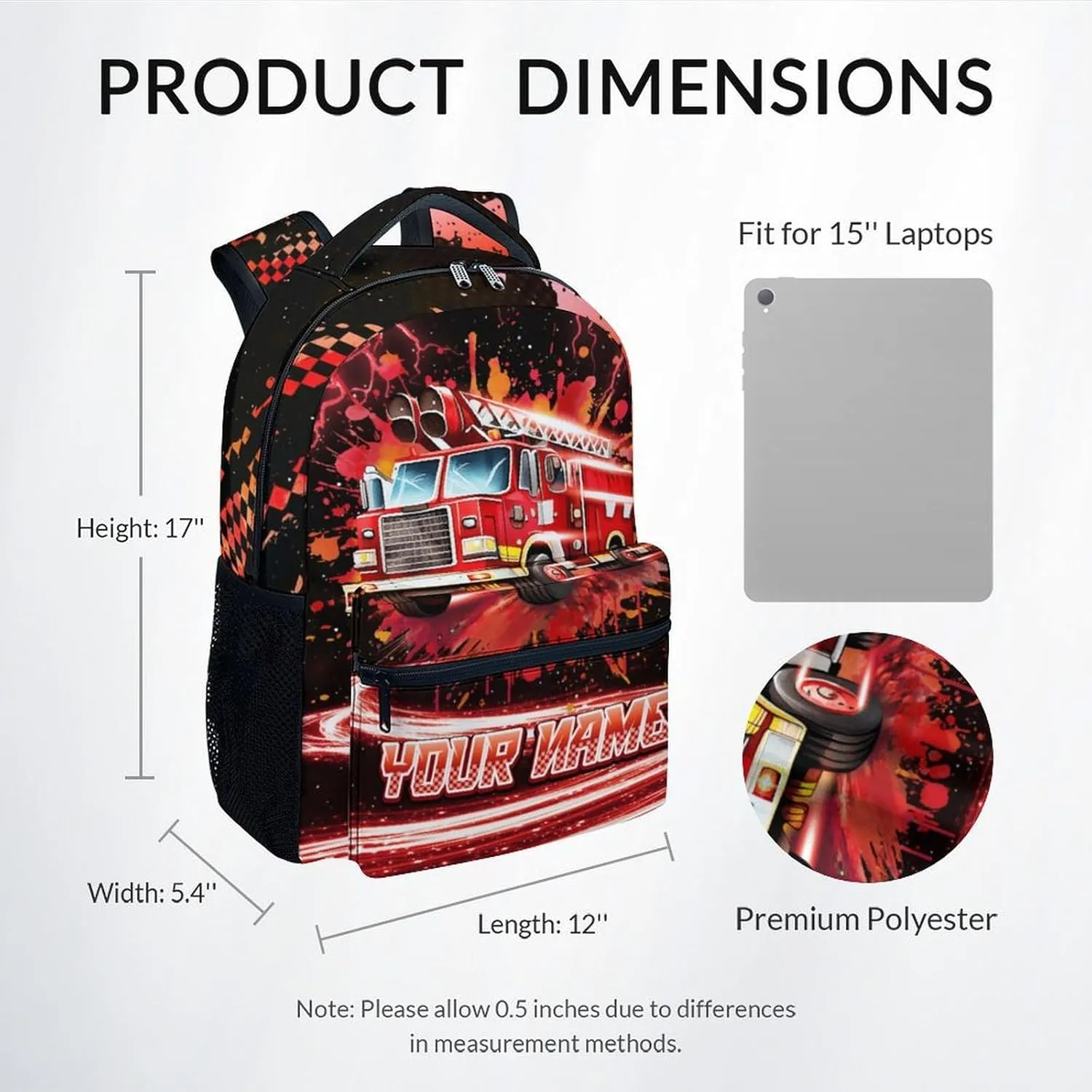 Backpacks for School - Personalized Fire Truck Backpacks for Boys - 17 Inch Kids Bookbag for Elementary Kindergarten - Lightweight School Bag for Toddlers