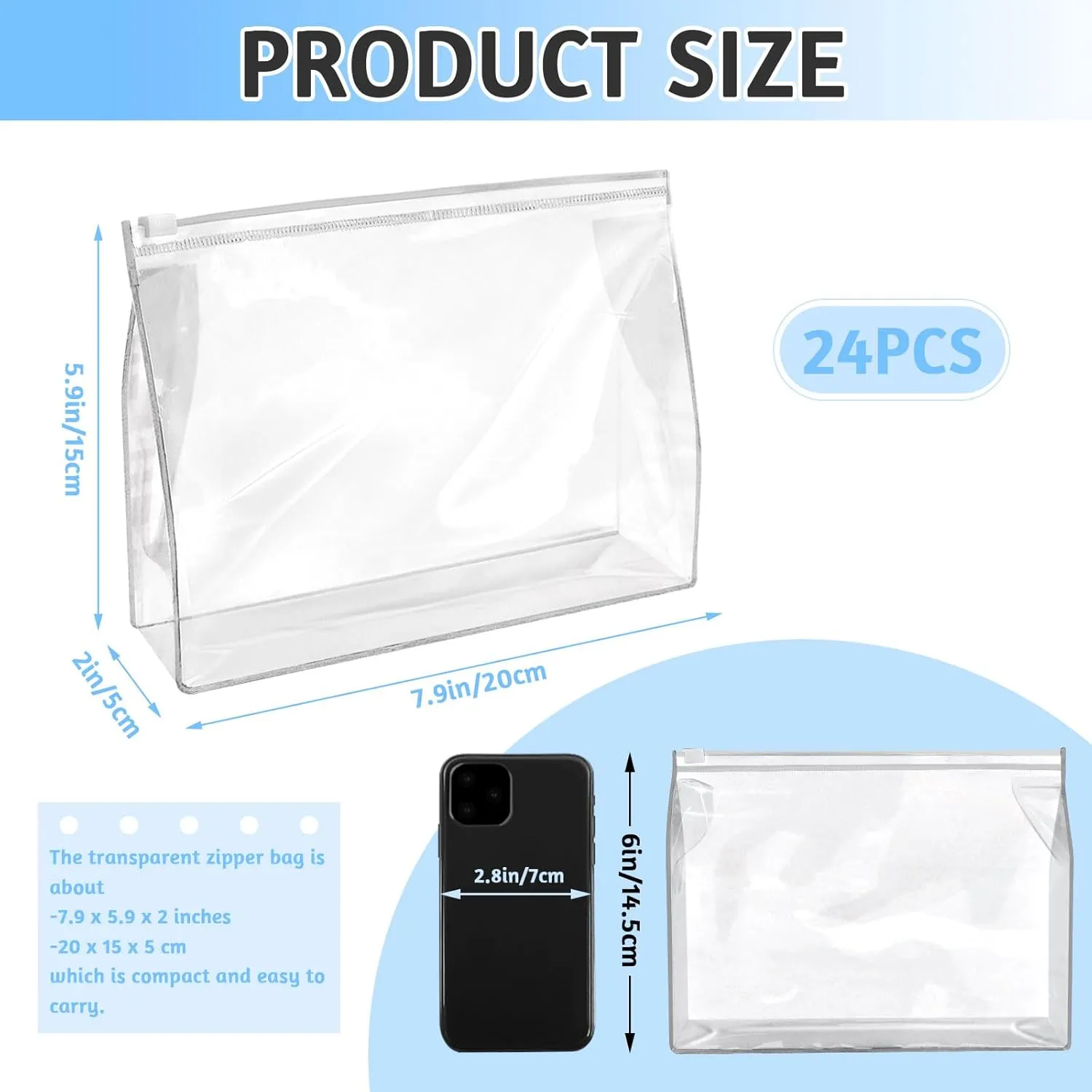 BadenBach 24 PCS Small Clear Makeup Bag,7.9" x 5.9"x 2", Mini Clear Zipper Pouches Waterproof Clear Plastic Toiletry Bags Bulk Cosmetic Organizer Bags for Travel Vacation Swimsuit Bikini