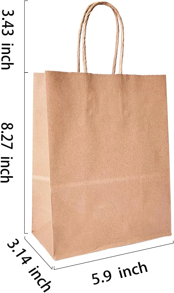 BAG BOX 100 Pcs Small 5.9x3.1x8.25 Inch Brown Kraft Paper Gift Bags with Handles for Bulk Wedding, Party Favors, Grocery, Shopping, Retail Merchandise, Gift Sacks