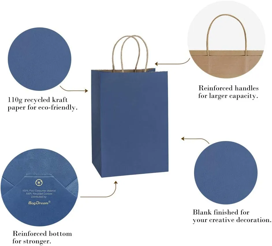 BagDream Small Gift Bags 25Pcs 5.25x3x8 Navy Blue Paper Bags with Handles, Kraft Paper Sacks for Small Gifts, Birthday, Wedding Party Favor, Retail, Merchandise
