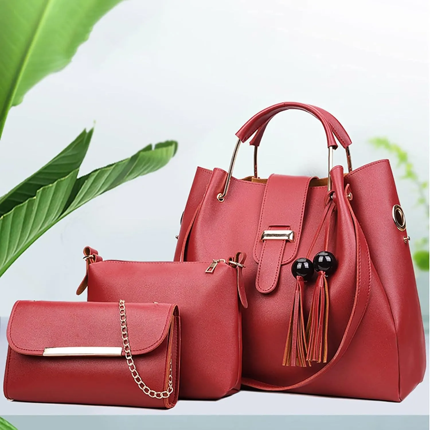 Beach Tote Bag 4 Packet Leather Solid Color Handbags Shoulder Bags Crossbody Hobo Bags Card Purse Work Travel Essential A