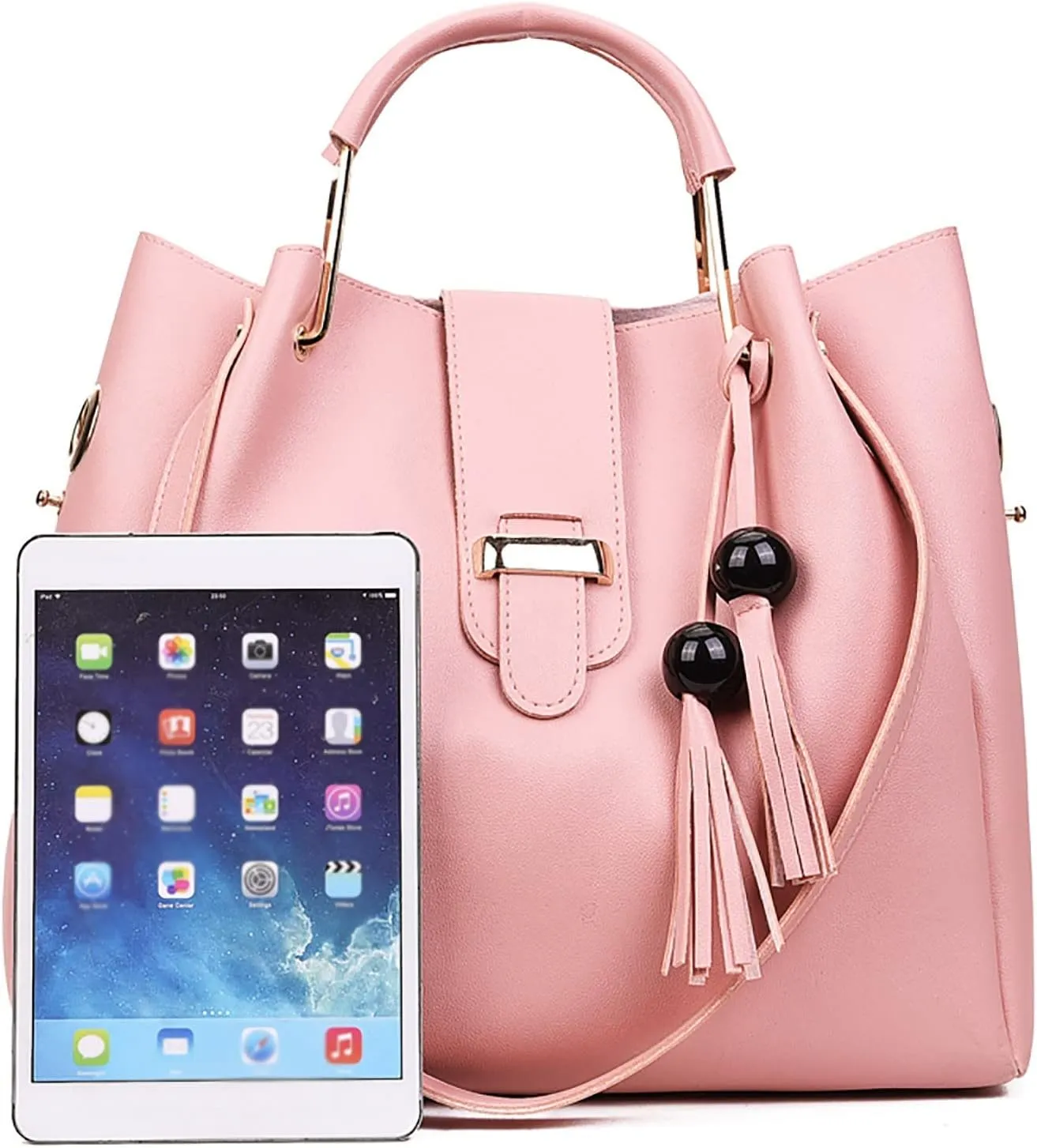 Beach Tote Bag 4 Packet Leather Solid Color Handbags Shoulder Bags Crossbody Hobo Bags Card Purse Work Travel Essential A