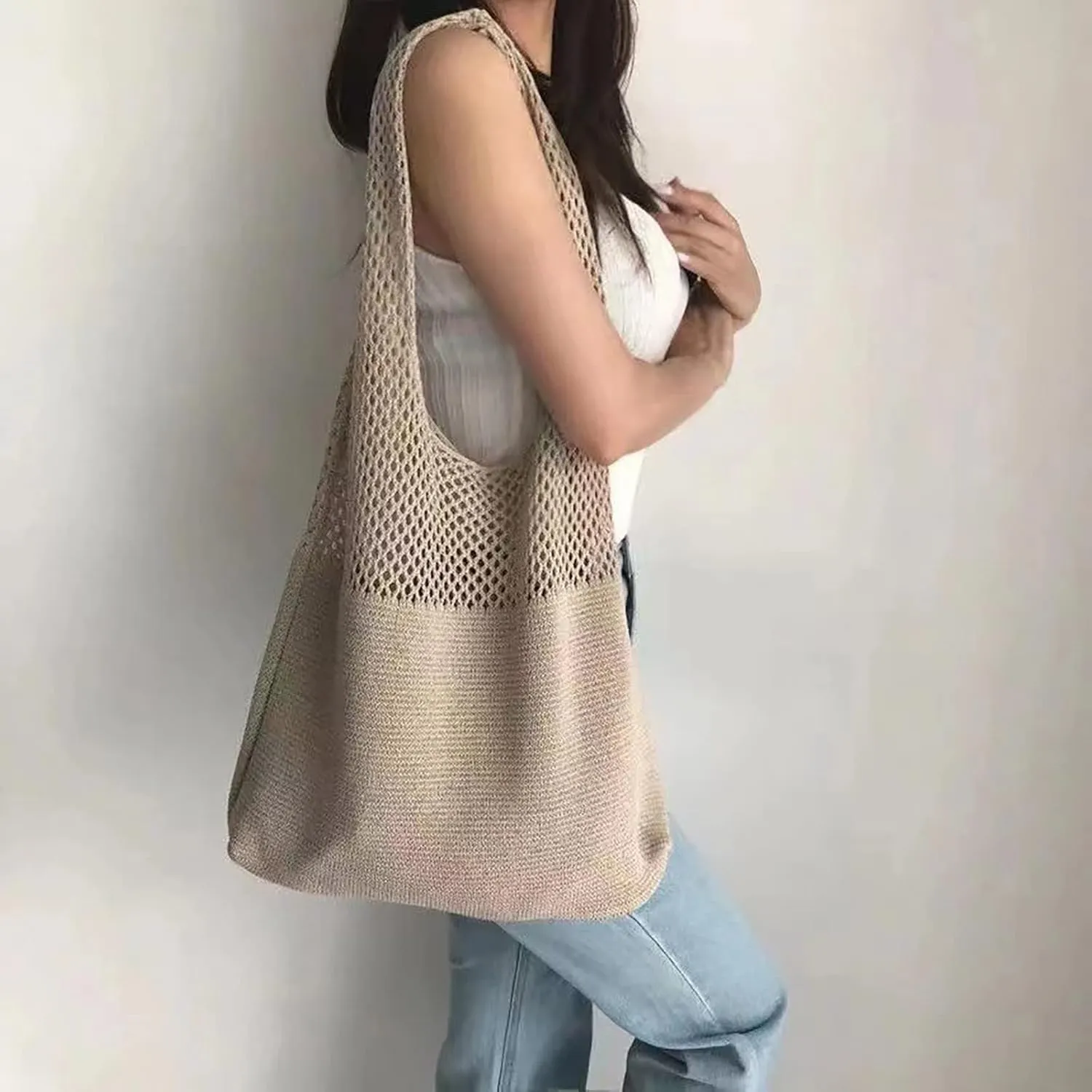 Beach Tote Bag Portable Hollow Knitted Hobo Bags Large Shoulder Vest Bag For Outdoor Shopping Beach Travel Essential S