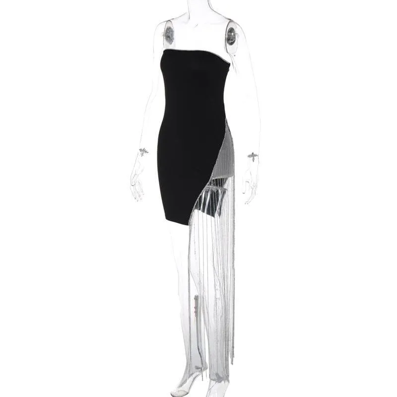 BerryBetty - Beaded slit tassels backless patchwork tube mini dress