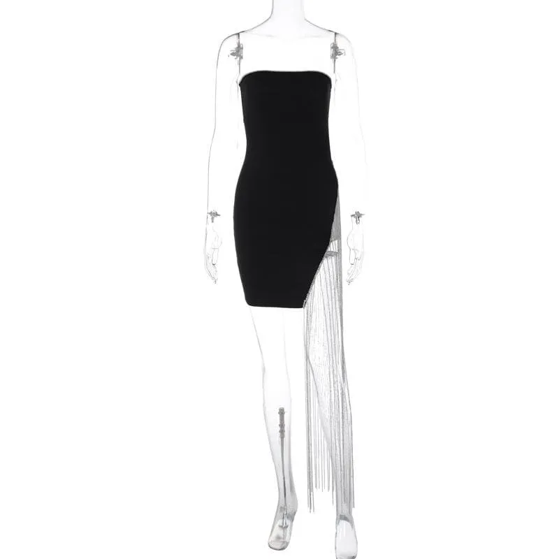 BerryBetty - Beaded slit tassels backless patchwork tube mini dress
