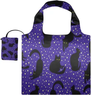 Black Cat Reusable Shopping Bags, Grocery Bags with Long Handles, Recycle Totes Bags Waterproof Gift Bags with Pouch Bulk, 18.1IN x 16.1IN