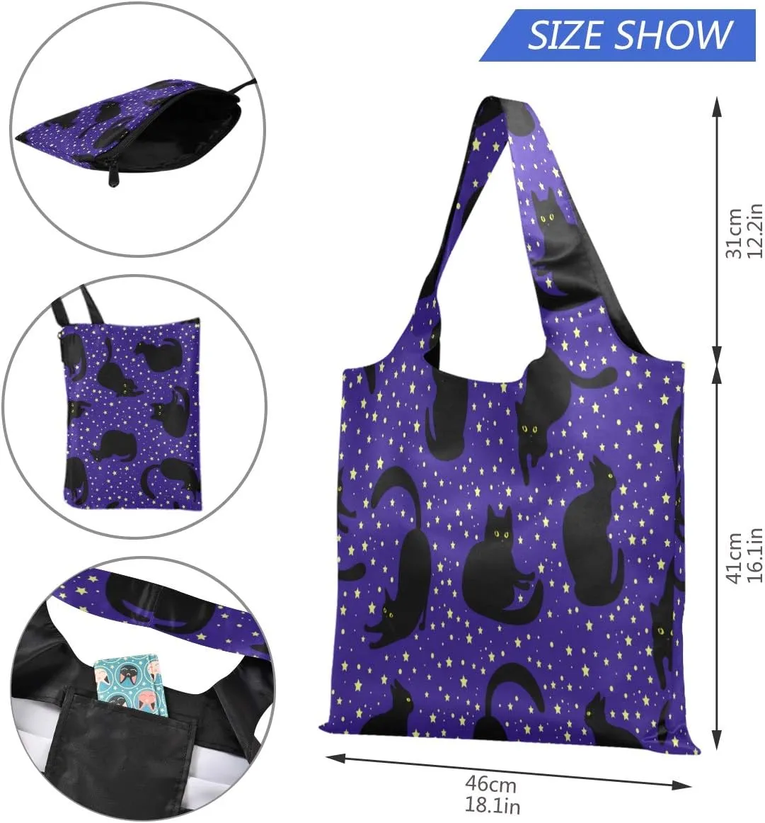 Black Cat Reusable Shopping Bags, Grocery Bags with Long Handles, Recycle Totes Bags Waterproof Gift Bags with Pouch Bulk, 18.1IN x 16.1IN