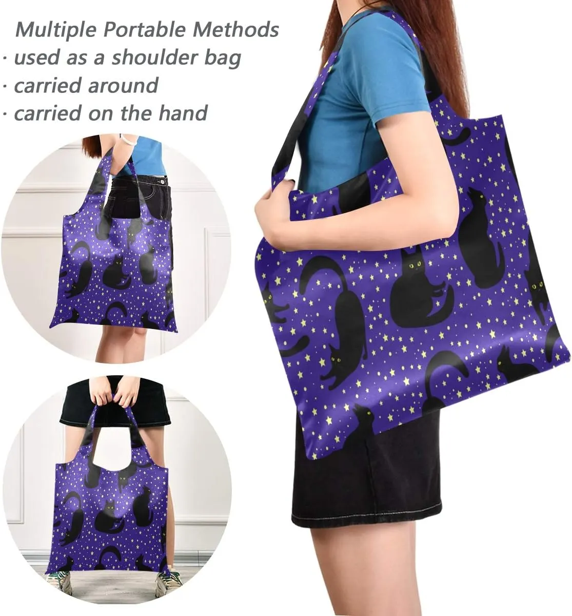 Black Cat Reusable Shopping Bags, Grocery Bags with Long Handles, Recycle Totes Bags Waterproof Gift Bags with Pouch Bulk, 18.1IN x 16.1IN