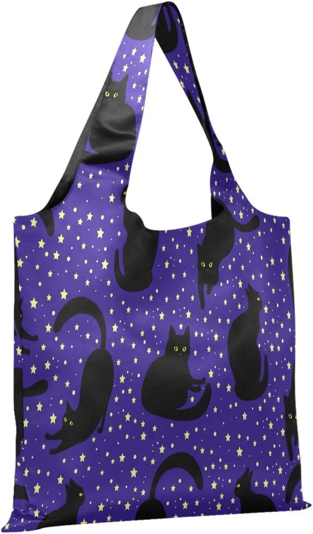 Black Cat Reusable Shopping Bags, Grocery Bags with Long Handles, Recycle Totes Bags Waterproof Gift Bags with Pouch Bulk, 18.1IN x 16.1IN