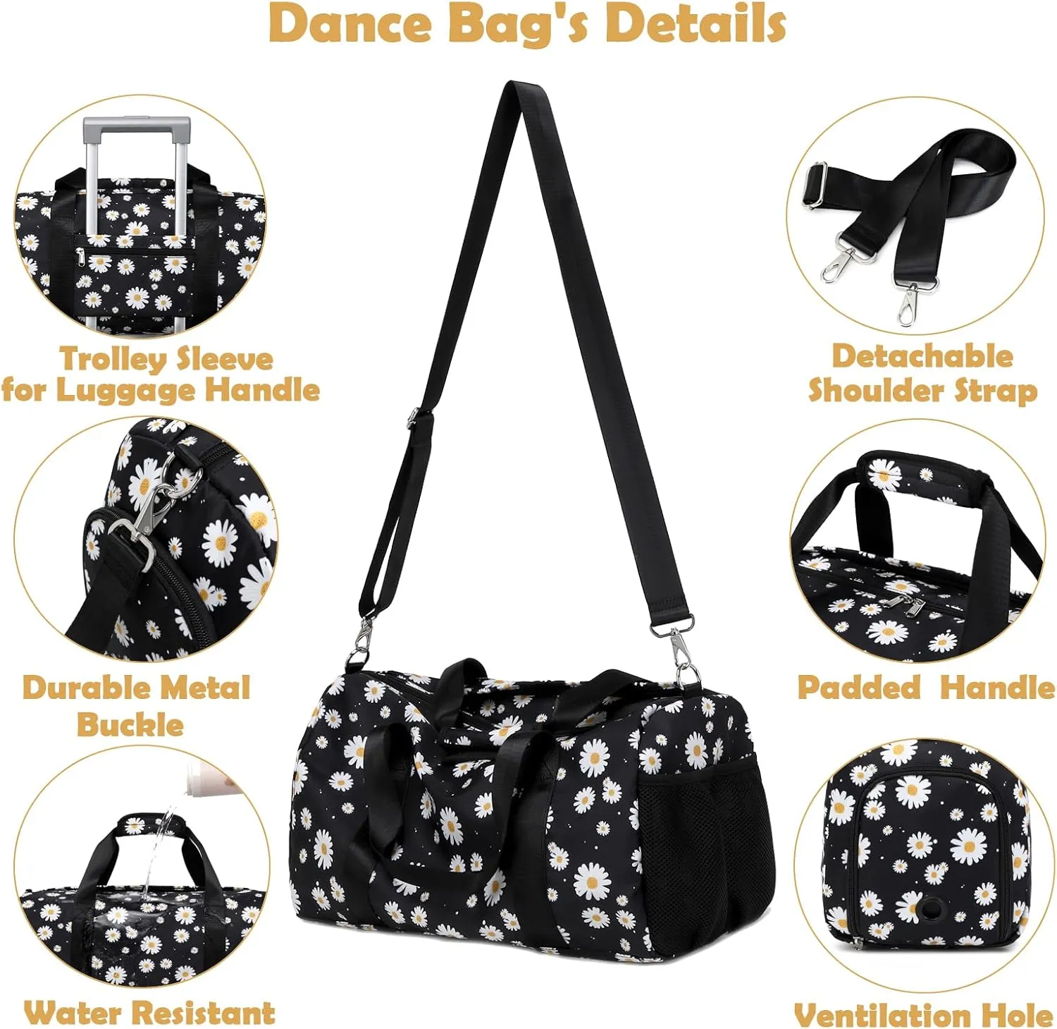 Black Duffle Bag with Shoe & Wet/Dry Compartments, Girls Women Dance Bag for Ballet Gym Sports Overnight Sleepover Weekender Carry On with Trolley Sleeve for Travel