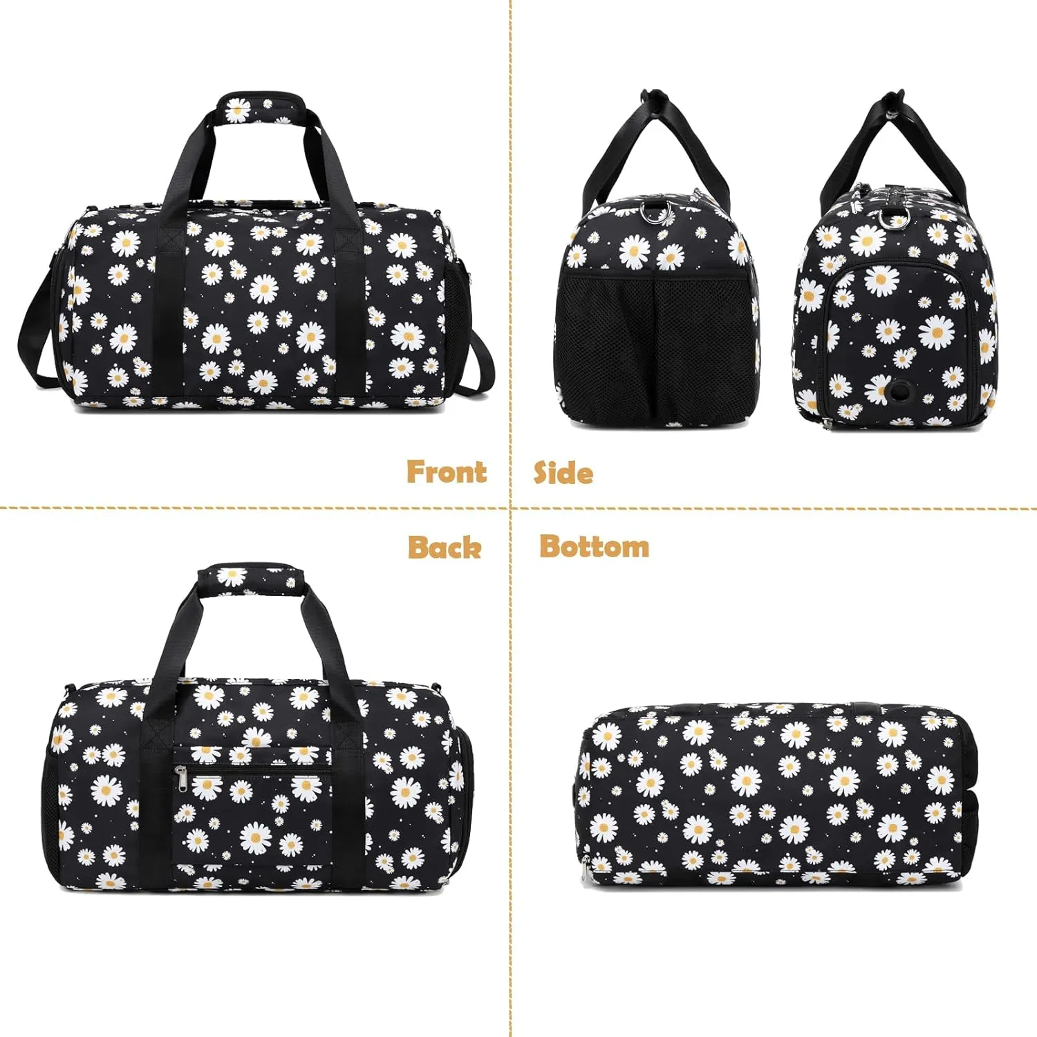 Black Duffle Bag with Shoe & Wet/Dry Compartments, Girls Women Dance Bag for Ballet Gym Sports Overnight Sleepover Weekender Carry On with Trolley Sleeve for Travel
