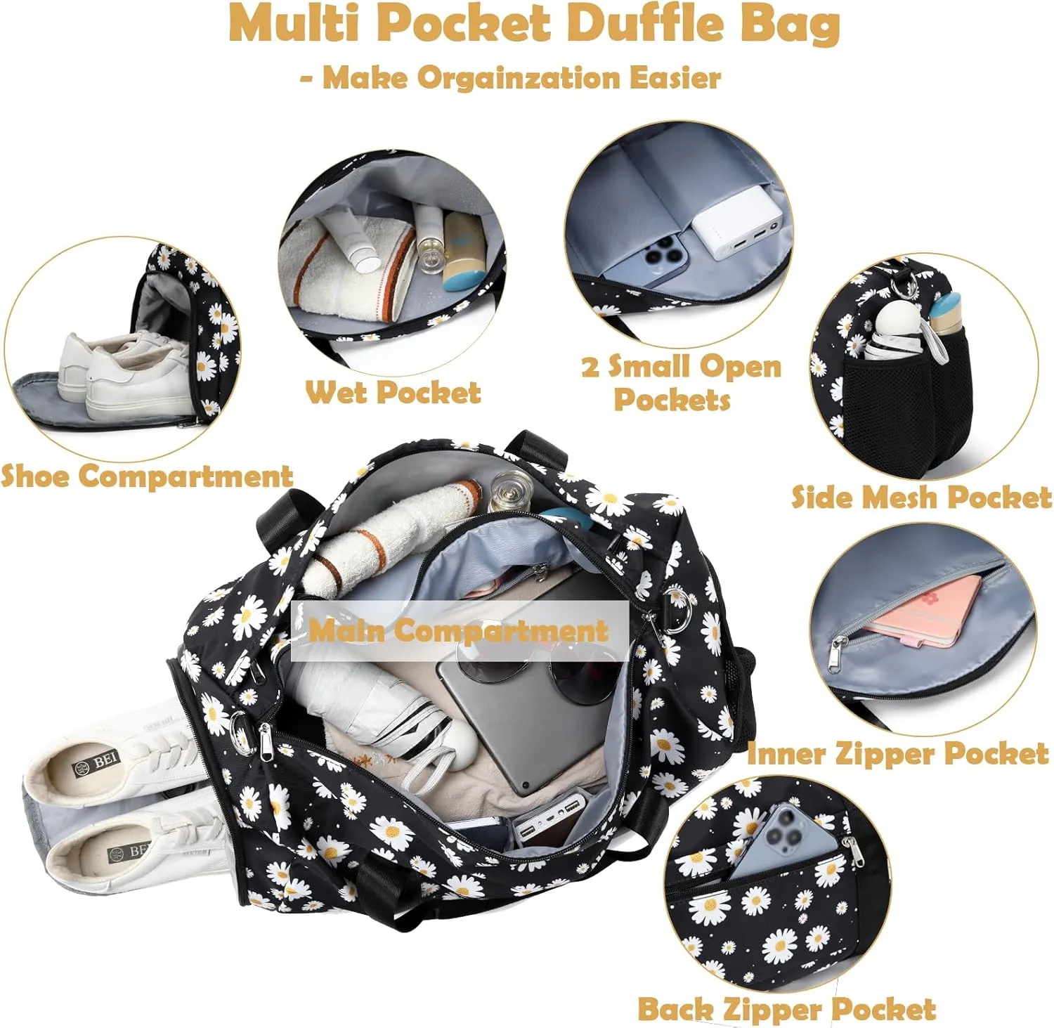 Black Duffle Bag with Shoe & Wet/Dry Compartments, Girls Women Dance Bag for Ballet Gym Sports Overnight Sleepover Weekender Carry On with Trolley Sleeve for Travel
