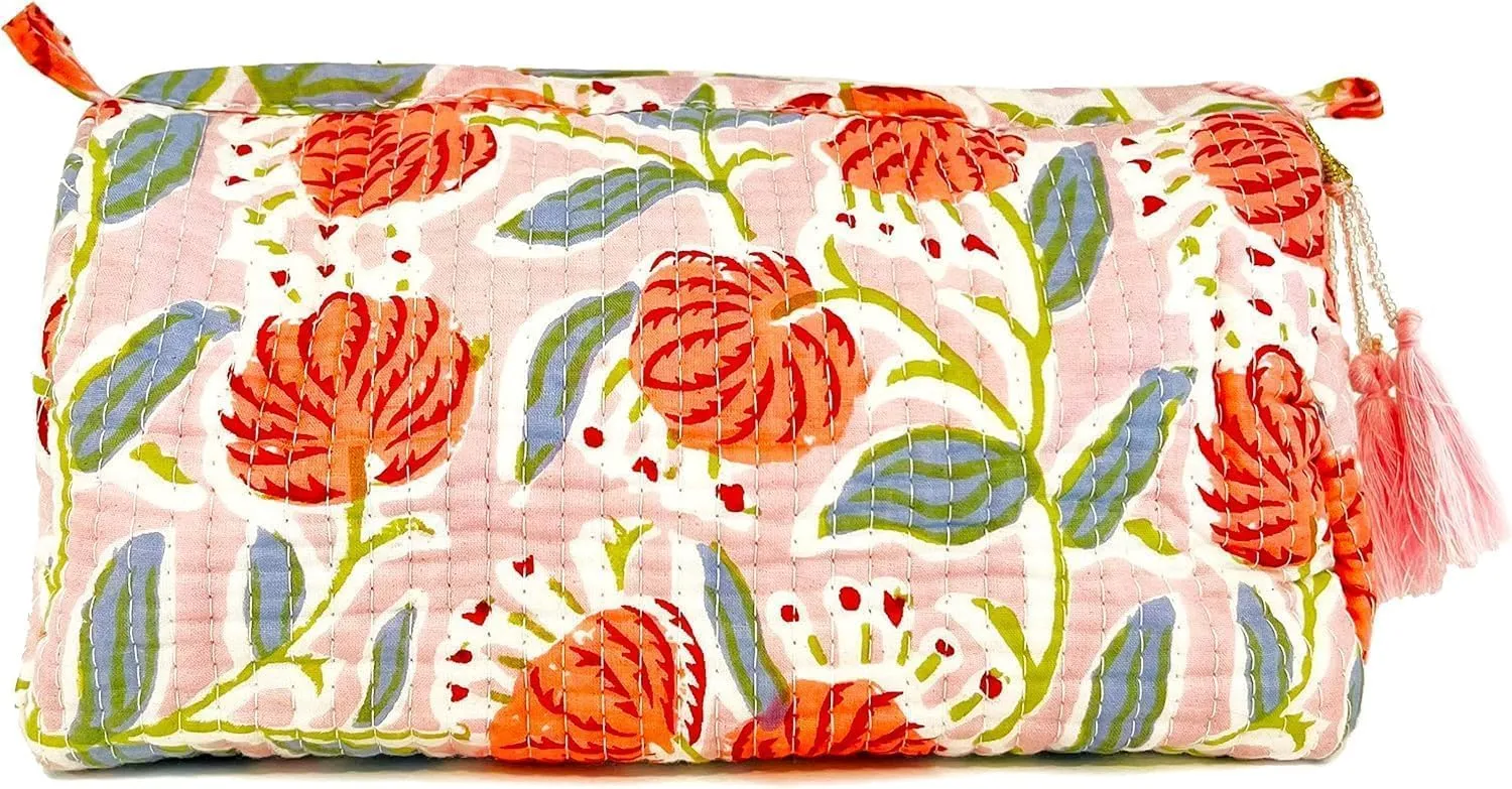 Block Print Designer Toiletry Bag & Makeup Case - Boho Floral Quilted Pouch for Cosmetics, Skincare - Waterproof Lined Organizer for Diaper Bag, Purse, Travel, Gift, Pencils (medium size 8pcs)