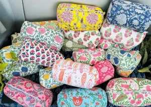 Block Print Designer Toiletry Bag & Makeup Case - Boho Floral Quilted Pouch for Cosmetics, Skincare - Waterproof Lined Organizer for Diaper Bag, Purse, Travel, Gift, Pencils (medium size 8pcs)